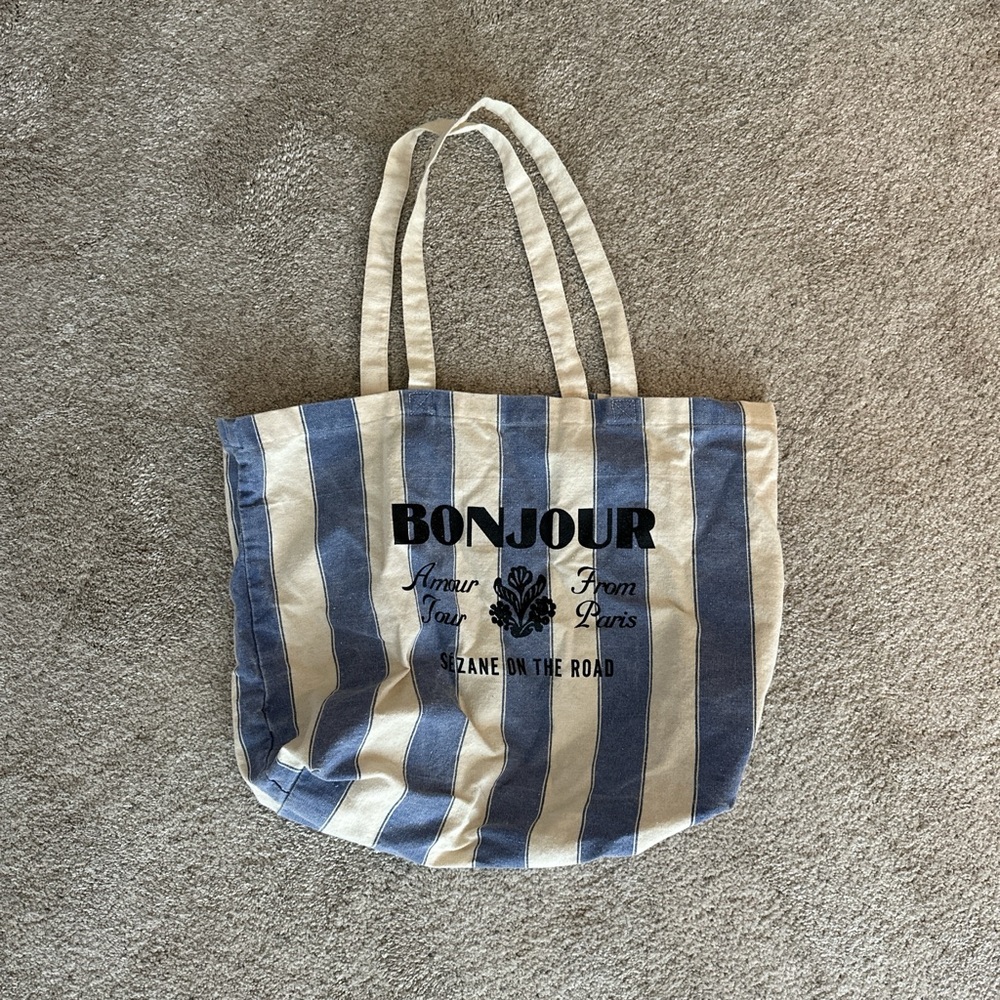 Blue & White Striped Bonjour Tote